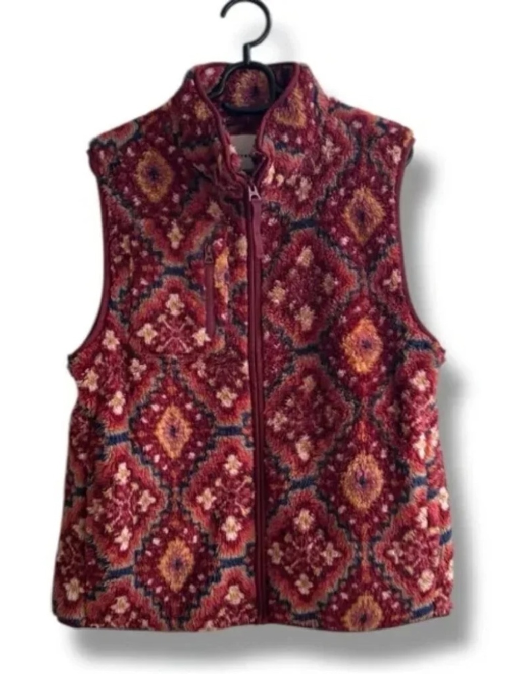 NWT Lucky Brand Sherpa Fleece Vest Boho Aztec Ikat Print Burgundy Size S $119